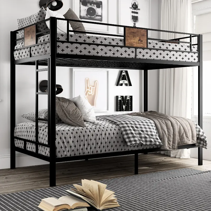 Photo 1 of 
Amolife Metal Twin Over Twin Size Bunk Bed Frame with Stairs & Full-Length Guardrail, Black