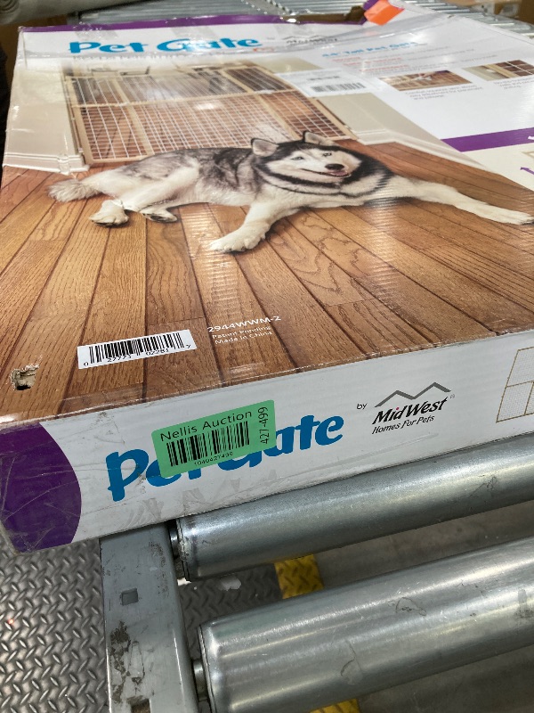 Photo 1 of ***BROKEN WOOD ON SIDE**MidWest Homes for Pets Wire Mesh Pet Safety Gate, Pressure Mounted Dog Gate Measures 44 Inches Tall & Expands to 29-50 Inches Wide, Natural Wood & White Powder Coated Wire Mesh