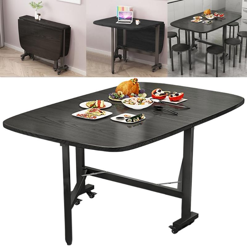 Photo 1 of Multifunction Table Drop Leaf Dining Table - 47" Wooden Foldable Kitchen Table with 6 Wheels (Black)
