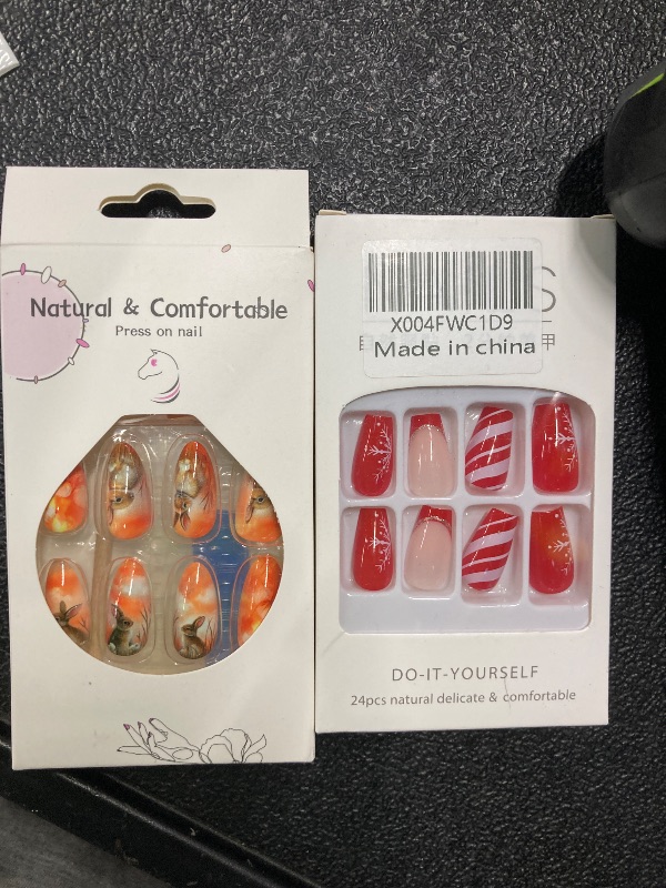 Photo 1 of 24 Pcs Christmas Press on Nails Short Square Shaped Fake Nails Winter Snowflake Red White Stripe False Nails with Designs Red French Tip Xmas Acrylic Nails Full Cover Stick on Nails for Women Nail Art