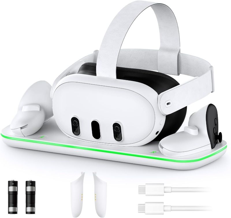 Photo 1 of **MISSING US-BC CABLES**NexiGo Charging Dock (Gen 4) for Meta Quest 3, VR Charging Station with LED Light [On/Off] for Oculus Quest 3, Charger Display Stand with 2 Rechargeable Batteries, USB-C Cable, White