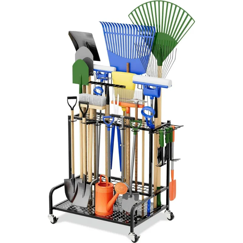 Photo 1 of Sttoraboks Garden Tool Organizer with Wheels, Yard Tool Rack for Garage Organization and Storage, Heavy Duty Steel Tool Holder with Hooks, Garden Tool Stand for Basement, Outdoor, Home, Black
