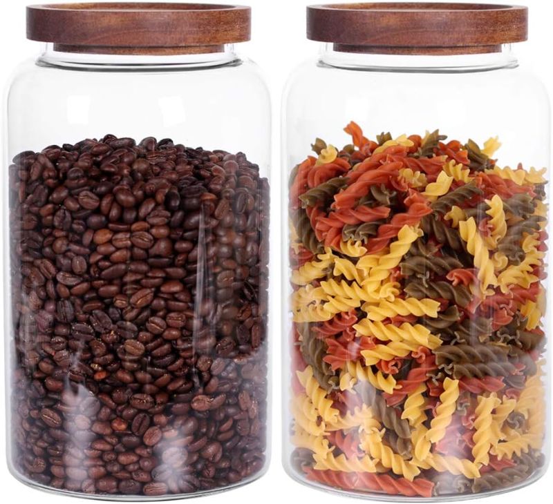 Photo 1 of 
Large Glass Jar with Airtight Lid Set of 2 93 FL OZ(2750ml) glass canister set, Glass Food Containers Wooden Lid Suit for Kitchen Pantry for Flour, Tea, Coffee Beans, Sugar, Cookies(8.8 inch high)