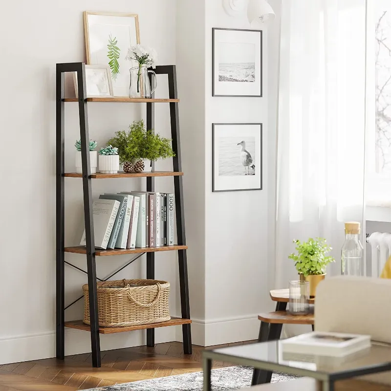 Photo 1 of 4-Tier Ladder Shelf Wall Ladder Bookshelf Bookcase Furniture Storage Rack Shelves, Rustic Brown and Black
