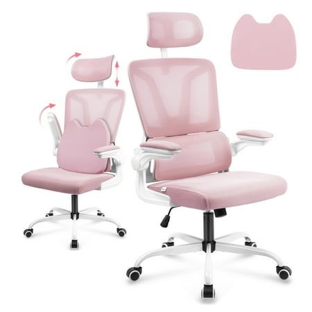 Photo 1 of Soontrans Ergonomic High Back Office Chair Mesh Computer Desk Chair with Lumbar Support Flip-up Armrests Adjustable Arms & Headrest Pink
