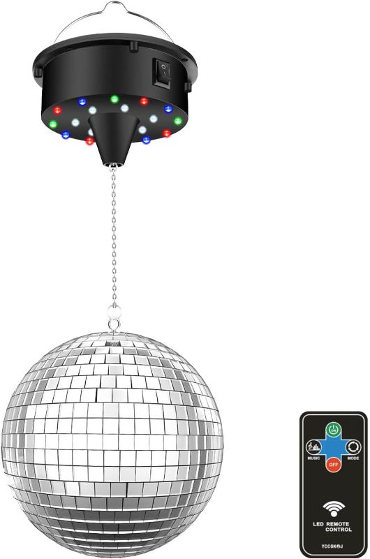 Photo 1 of 10 RPM Disco Ball with Motor and Mirror Ball — Plug/Battery Operated Disco Motor Light with 4 Color Lights,18 LED Beads and Remote, Christmas Party, Back to 70s Theme Party Supplies