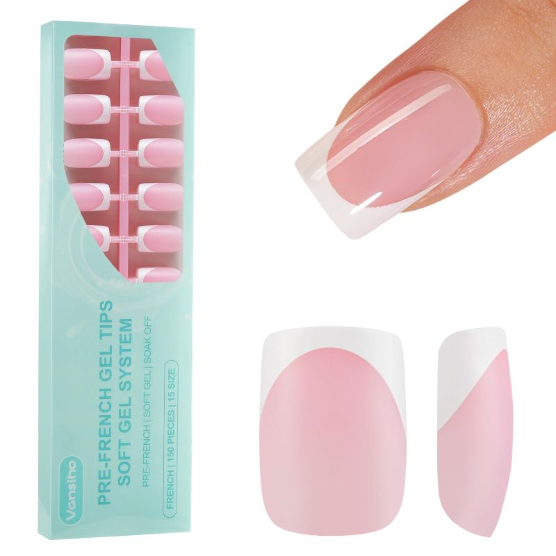 Photo 1 of 150Pcs French Gel Nails, Vansiho French Tip Press on Nails Pink, Short Square Nail Tips, Soft Gel Nails False Nail, Acrylic Fake Nails for Nail Art DIY 15 Sizes