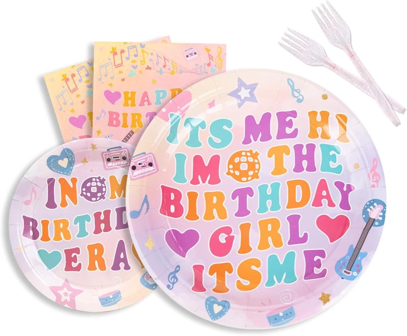 Photo 1 of 120 Pieces Birthday Party Decorations with Plates Napkins Forks and Cups, Its Me Hi Im The Birthday Girl Its Me Paper Tableware Set Birthday Party Decor Supplies for 24 Guests