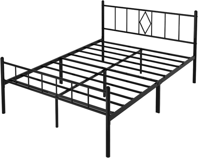 Photo 1 of  Full Size Bed Frame, 14 Inch Metal Platform Bed with Iron-Art Headboard & Footboard, Classic Bed Frame with Heavy Duty Metal Slats Support, Under Bed Storage & No Box Spring Needed, Black
