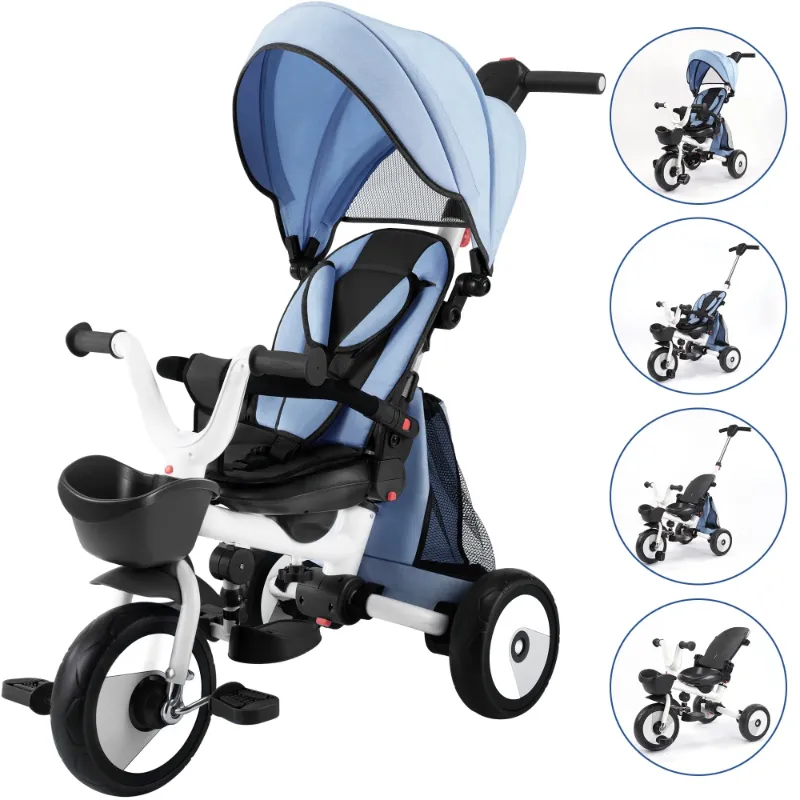 Photo 1 of 4-in-1 Foldable Baby Tricycle w/Adjust Handle, Canopy & Storage,18M-5Y Blue