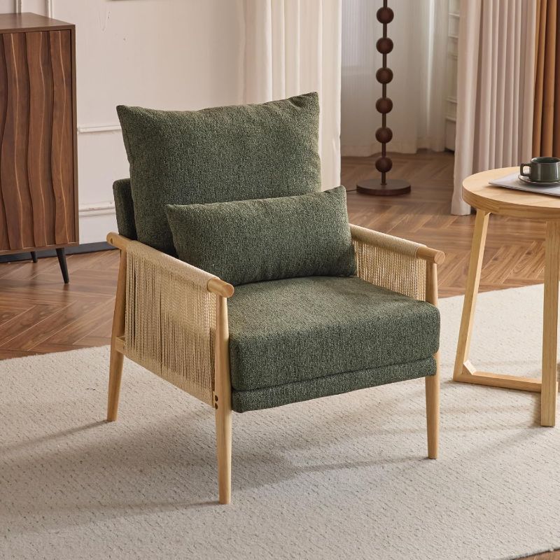 Photo 1 of ***MISSING PARTS/INCOMPLETE**Karl home Cozy Chenille Accent Chair with Lumbar Pillow & Rattan Arms Modern Lounge Chair for Living Room, Bedroom, Reading Nook, Green
