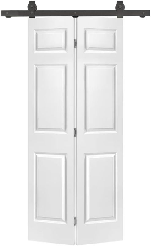 Photo 1 of 30 in. x 80 in. 6 Panel Primed MDF Composite Bi-Fold Barn Door with Sliding Hardware Kit