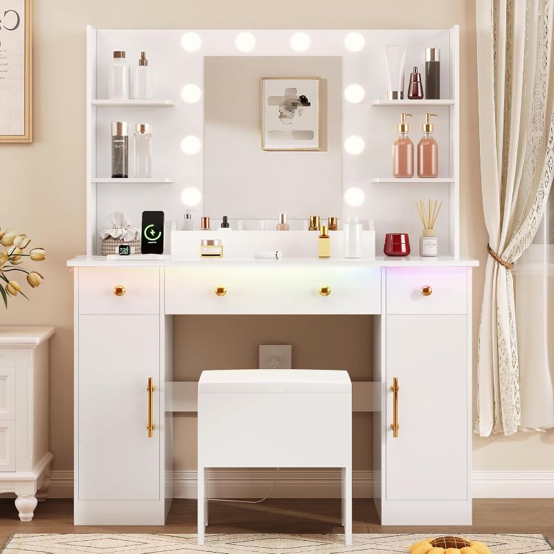 Photo 1 of ****PARTS ONLY****Vanity Desk with Mirror and Lights, Makeup Vanity with Charging Station & Vanity Stool, 3 Drawers and Cabinets White Vanity Mirror with RGB LED Lights Vanity Desk and Chair for Women