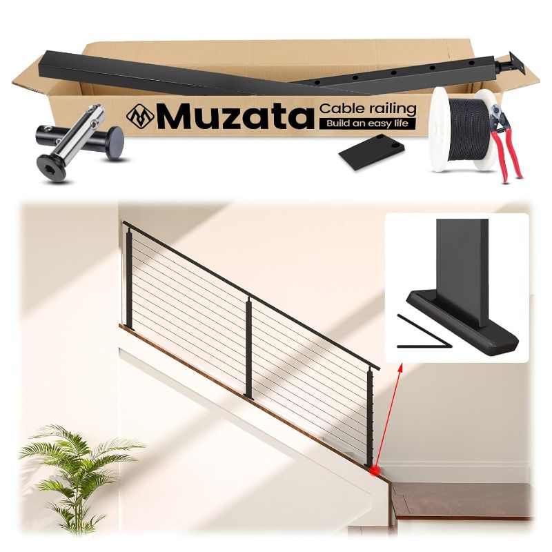 Photo 1 of ***ITEM IS SIMILAR NOT EXACT, UNSURE OF EXACT MEASURMENTS***   Muzata 3ft-6.5ft Stairway Fit for 25-40 Degree Slope Black Cable Railing System Complete Set 36" Slope Post PR11 Handrail HT10 with Invisible Cable Rail Kit Swageless, RCR1 BA4S
