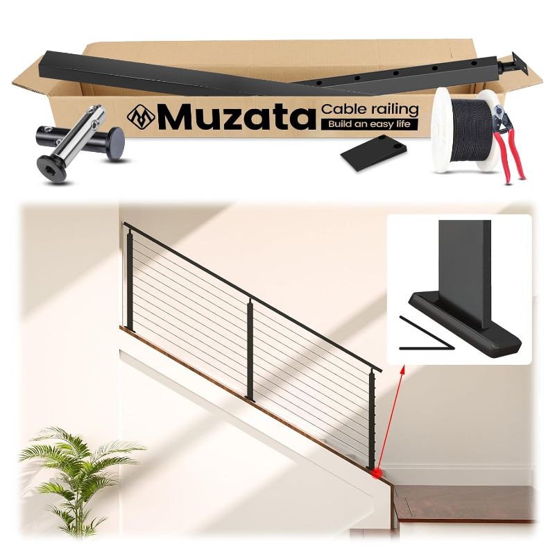 Photo 1 of ***ITEM IS SIMILAR NOT EXACT, UNSURE OF EXACT MEASURMENTS***  Muzata 3ft-6.5ft Stairway Fit for 25-40 Degree Slope Black Cable Railing System Complete Set 36" Slope Post PR11 Handrail HT10 with Invisible Cable Rail Kit Swageless, RCR1 BA4S
