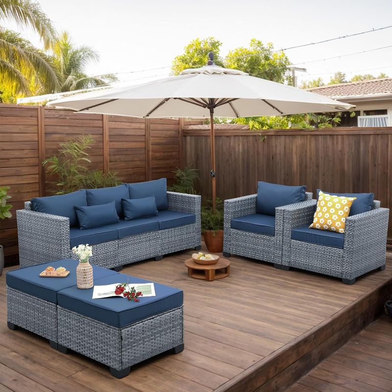 Photo 1 of ***BOX 1 OF 3. ITEM IS SIMILAR TO STOCK PHOT AND DESCRIPTION, NOT EXACT***   Patio Furniture Set, 5-Piece Outdoor Wicker Conversation Set with All-Weather PE Rattan, Anti-Slip Cushions & Ottomans, Sectional Sofa for Patio, Balcony & Deck, Navy Blue
