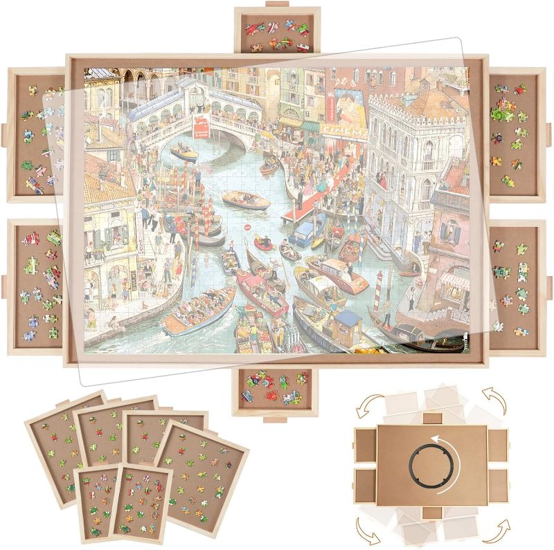 Photo 1 of 1500 Pieces Rotating Puzzle Board with 6 Drawers,34.25"x25.2" Portable Wooden Jigsaw Puzzle Table with Lazy Susan Spinning Cover
