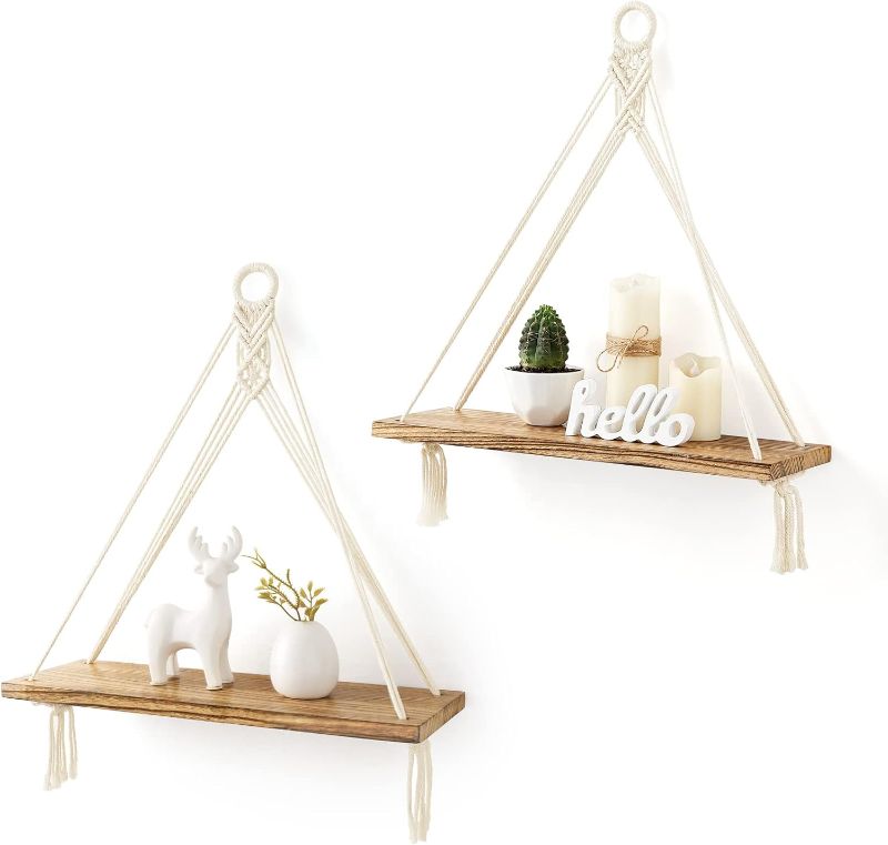 Photo 1 of ***ITEM IS SIMILAR, NOT EXACT***    Mkono Macrame Hanging Shelves Boho Wall Decor Set of 2 Rustic Wood Floating Storage Shelf for Bedroom Bathroom Living Room Nursery Dorm Room, Display Shelving for Hanging Plants Photos
