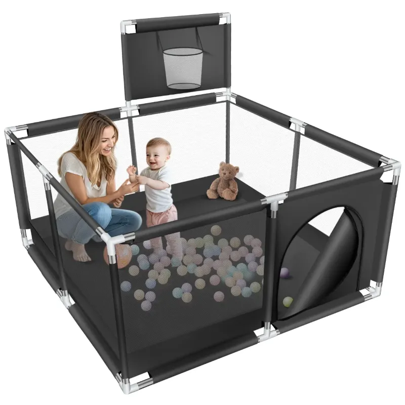 Photo 1 of Baby Playpen, HDJ 50 inch Baby Playard with Basketball Hoop and Breathable Mesh, Baby Fence Game Center for Toddlers Boy and Girls,Black

