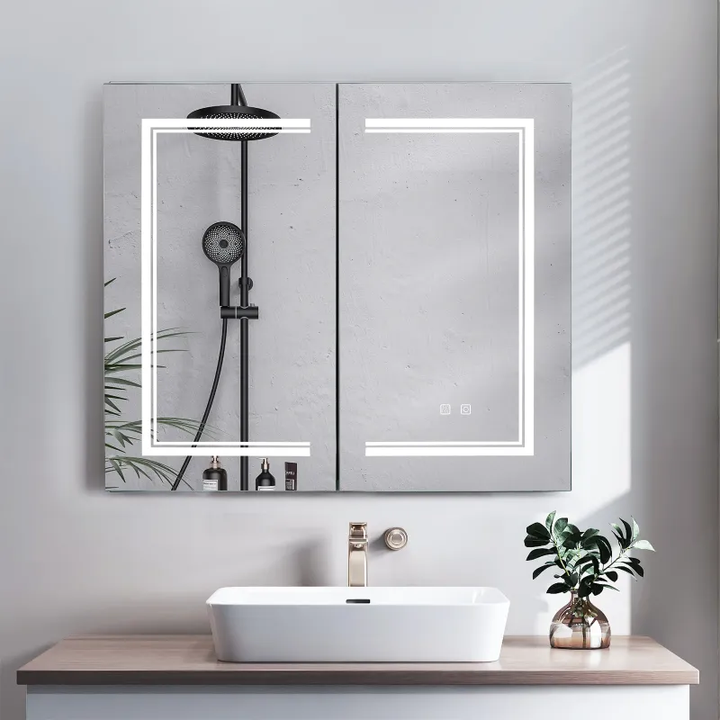 Photo 1 of **THE BACK PIECE IS CRACKED****Ktaxon 32"x28" Bathroom LED Mirror Medicine Cabinet with Lights, Wall-Mounted w/ Defogger, Dimmable, Memory Function, Outlets & USB, White
