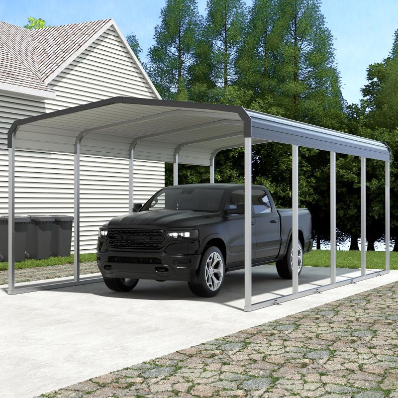 Photo 1 of 12x20' Heavy Duty Metal Carport, Outdoor Metal Carport Kits with Extended Side Roof & Corner Support Rod, Large Sturdy Car Port Garage Shelter Shade for Car, Boat and Tractors