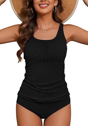 Photo 1 of **STYLE SIMILIAR TO PIC**Zando Tankini Swimsuits for Women 2025 Ribbed Ruched Bathing Suit Top with High Waisted Bottom Two Piece Slimming Swimsuit  SMALL