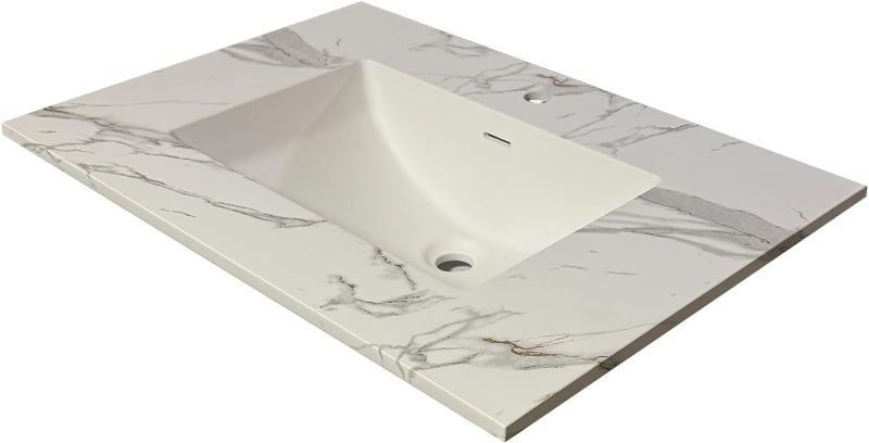 Photo 1 of  Quartz Vanity Top in Calacatta Rocky, Vanity Sink Top with Assembled Single Drop-in Sink, Pre-Drilled Single Faucet Hole Countertop with 4" H Backsplash