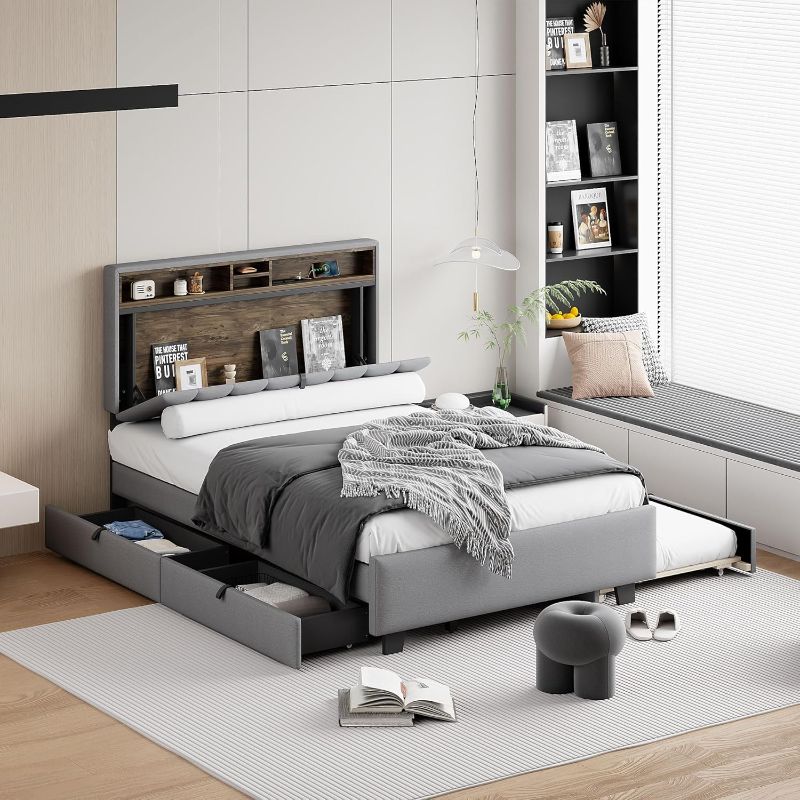 Photo 1 of **PARTIAL SET**

Full Size Upholstered Platform Bed with Storage Headboard, Twin Size Trundle & 2 Drawers and a Set of Sockets & USB Ports Full Size upholstered Bed Frame (Gray)
