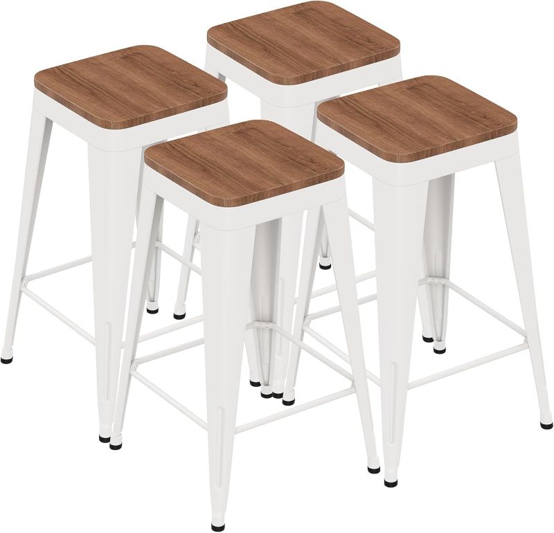 Photo 1 of Barstools Set of 6 White Metal Bar Stools Industrial Modern Bar Chairs with Wood Top for Kitchen Island Counter Height Cafe Resturant Stools, 24 inch