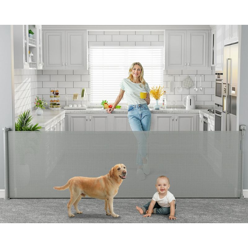 Photo 1 of 118 inch Retractable Baby Gates Extra Wide for Large Opening DynaBliss Retractable Baby Gate for Stairs Doorway Extra Long Dog Gate Adjustable Large Pet Gates for Dogs Indoor Mesh Child Gate (Gray)
