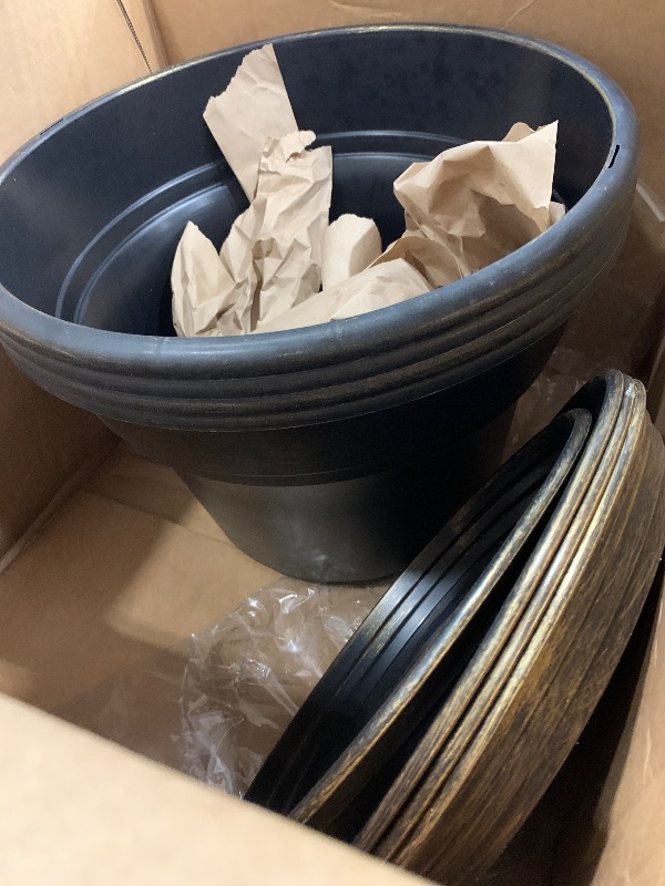 Photo 1 of 16 inch Plant Pots Outdoor Planters?4 Pack Large Plastic Flower Pot for Indoor Plants with Drainage Holes & Saucer, Resin Decorative Container Sets with Trays for House Outdoor Garden Plant Dark Gold
