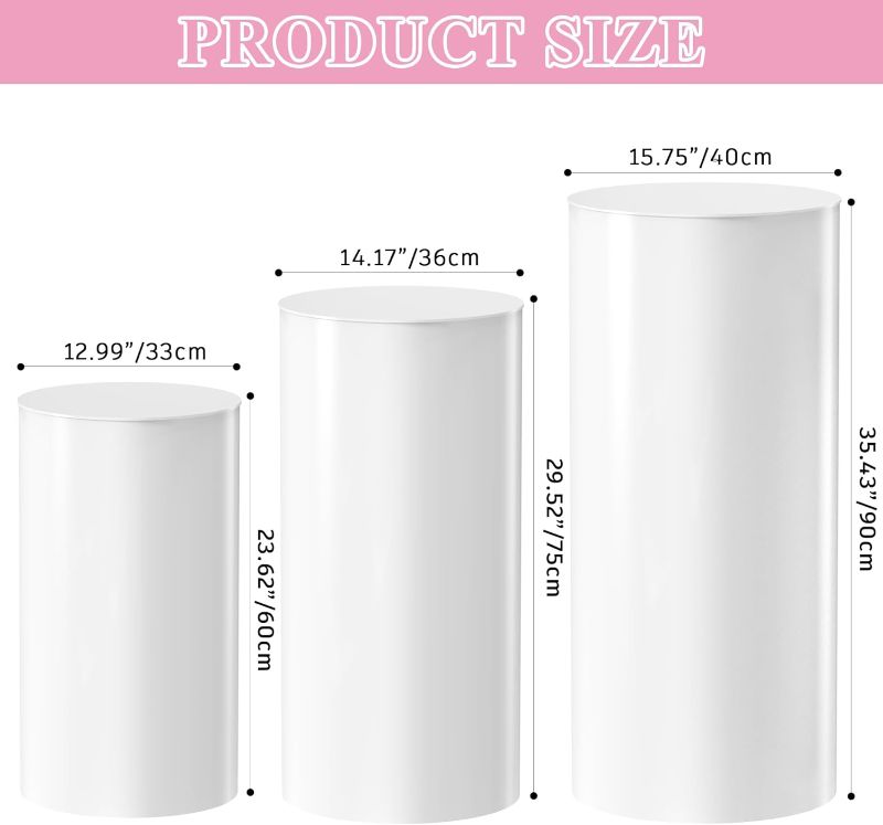 Photo 1 of (MISSING 2 LIDS) (DAMAGED) Wokceer Cylinder Pedestal Stands for Party White 3Pcs Large Round Cylinder Tables for Parties Pedestal Display Plinth Pillars for Wedding Birthday Party Art Decor