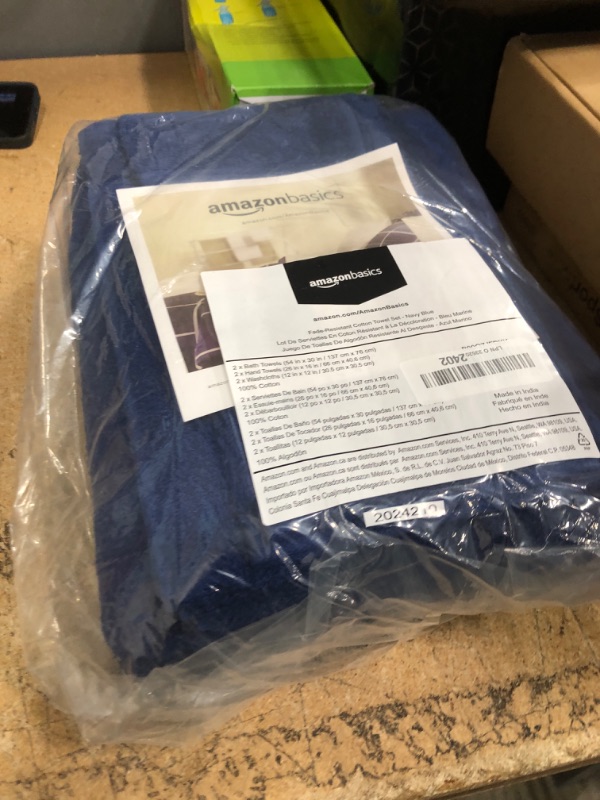 Photo 1 of Amazon Basics 6 Piece Oversized Fade resistant Towel set, 100% Cotton towels for bathroom, soft and absorbent, 2 Bath Towels, 2 Hand Towels and 2 Washcloths bathroom towel set, Navy Blue