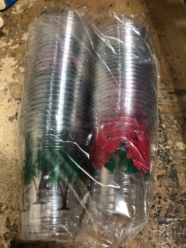 Photo 1 of 50 PCS Hawaiian Luau Cups 12 oz Plastic Tropical Cups Hawaii Party Clear Cup Disposable Palm Leaves Flamingo Hibiscus Drinking Cup for Summer Hawaiian Luau Tiki Birthday Party Supplies