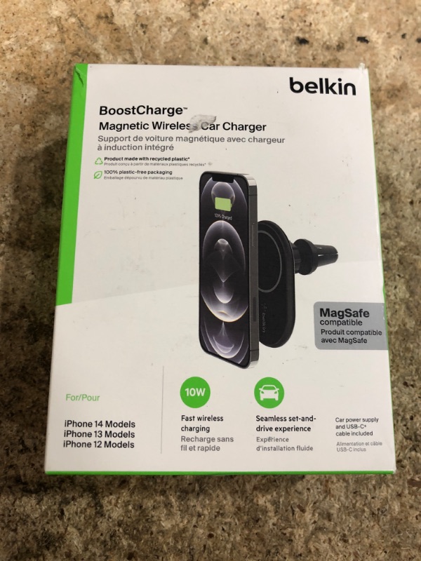 Photo 1 of Belkin MagSafe-Compatible Magnetic Wireless Car Charger 10W - BoostCharge Pro Wireless Charger, Magnetic Car Vent Phone Mount for iPhone 16, iPhone 15, 14, & 13 Series, Power Supply Included - Black