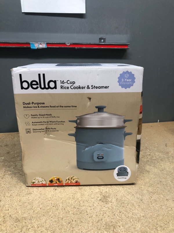 Photo 1 of bella 16 Cup Rice Cooker with Steamer, Dishwasher Safe Steaming Basket, Rice Paddle and Measuring Cup, Removable Nonstick Cooking Bowl, Automatic Keep Warm Function?, 400 Watt, Surf