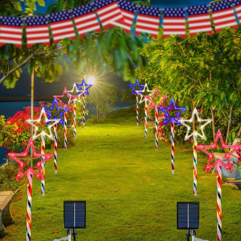 Photo 1 of 4th of July LED Big Star Pathway Lights Patriotic Lights Outdoor, for Memorial Day Independence Day Any Patriotic Decorations, 8 Mode Remote Control Solar Powered(2 Pack, 180 LED)
