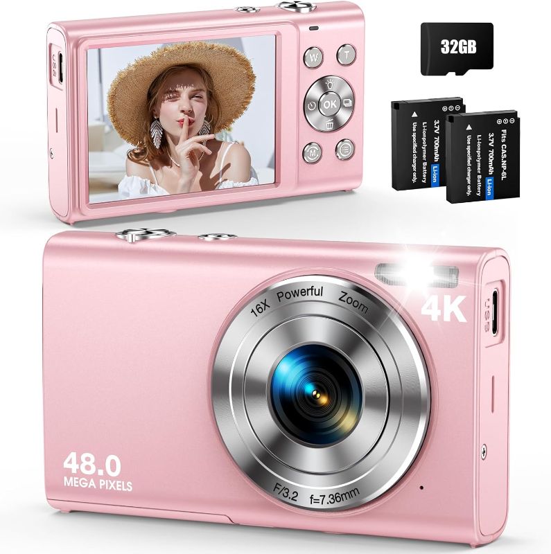 Photo 1 of 4K Digital Camera for Photography Auto-Focus Vlogging Camera for YouTube Video with 3'' 180° Flip Screen 16X Anti-Shake 4K Camera Compact Cameras with SD Card, Flash, 2 Batteries & Battery Charger