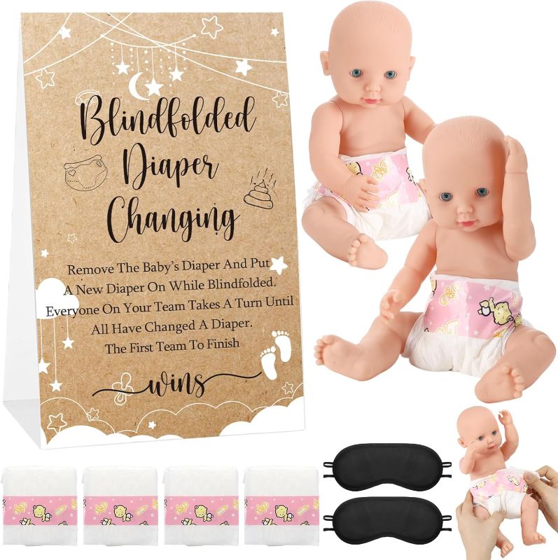 Photo 1 of 9 Pcs Baby Shower Diaper Changing Game Supplies including Baby Dolls Blindfold diapers wooden sign Changing Race Game party favor (Star,Brown)
