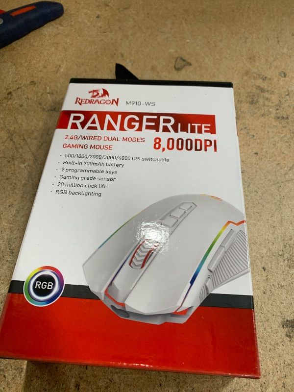 Photo 1 of Redragon Wireless Gaming Mouse with RGB Backlit, 8000 DPI, with Fire Button, Macro Editing Programmable,70Hrs for Windows/Mac, Rechargeable, White, M910-WS