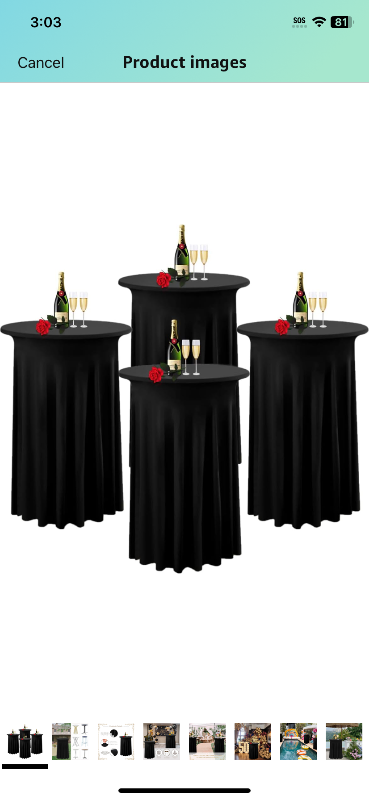 Photo 1 of Albassa 4 Pack Cocktail Table Covers 32"x 43" Spandex Stretch Round Cocktail Tablecloths with Wavy Drapes Fitted High Top Bar Table Skirt for Wedding Party Banquet (Black, 4 PCS)
