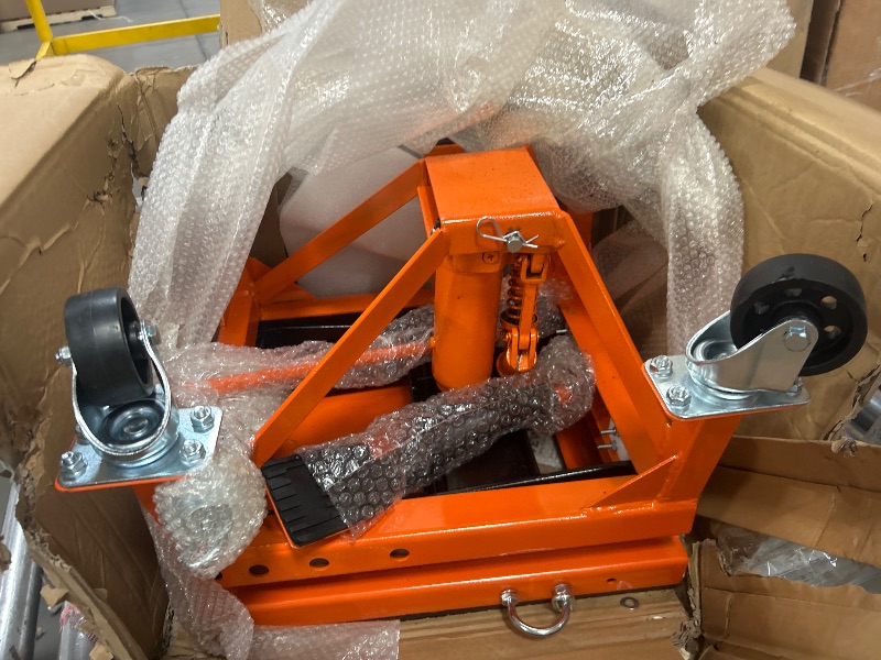 Photo 1 of VEVOR Hydraulic Motorcycle Lift Jack Table, 350 LBS Foot-Operated Motorcycle Scissor Jack Lift with Wide Deck, J-Hooks, ATV Dirt Bike Scissor Stand with 4 Wheels