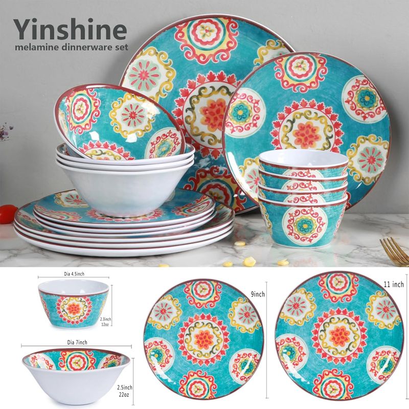 Photo 1 of 16pcs Melamine Dinnerware Set for 4, Outdoor and Indoor Dinner Dishes Set for Everyday Use, Break-resistant, Turquoise