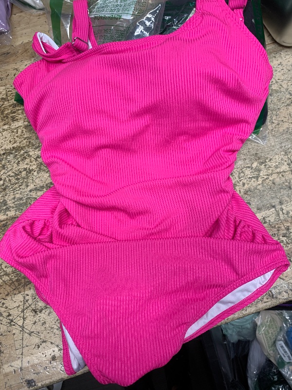 Photo 1 of Aidonger One Piece Swimsuit for Women Ribbed Tummy Control Bathing Suit Ruched Swim Suit Slimming Swimwear Rose Red M