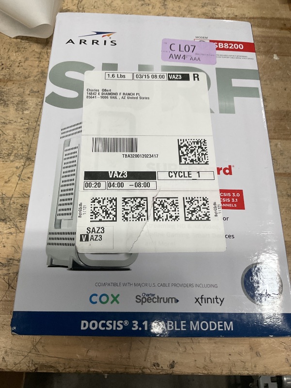Photo 1 of ARRIS (SB8200) - Cable Modem - Fast DOCSIS 3.1 32x8 Gigabit Cable Modem , Approved for Comcast Xfinity, Cox, Charter Spectrum, & more | 1 Gbps Max Internet Speed, 4 OFDM Channels