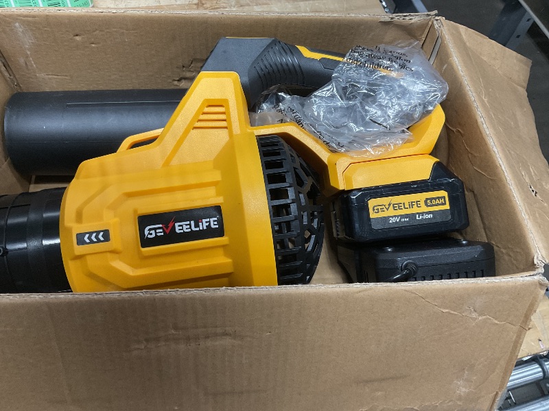Photo 1 of GEVEELIFE Leaf Blower Cordless, 650CFM & 3 Speed Levels, Electric Cordless Leaf Blower with 2 * 5.0Ah Battery Powered, Blowers for Lawn Care, Yard, Blowing Leaves, Dust, Snow
