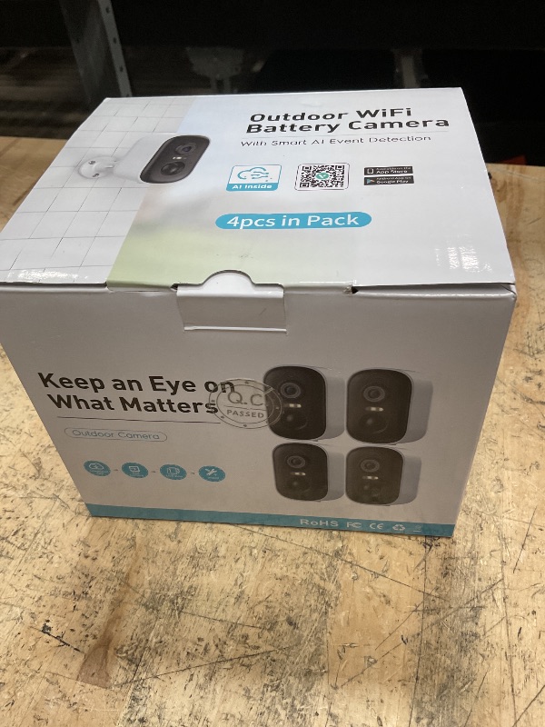 Photo 1 of Outdoor Security Camera Wireless, 2K Battery Powered WiFi Cameras for Home Security with AI Motion Detection, Color Night Vision, Siren Alarm, 2-Way Talk, IP66 Waterproof, Cloud/SD Storage (4 Pack)