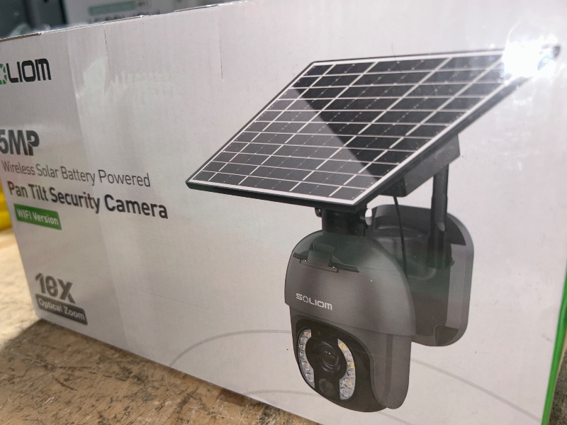 Photo 1 of SOLIOM Security Cameras Wireless Outdoor, 5MP 2.4G Wi-Fi Security Camera with 10X Optical Zoom, Battery and Solar Powered, Human Detection, Auto Tracking, and Spotlight Color Night Vision