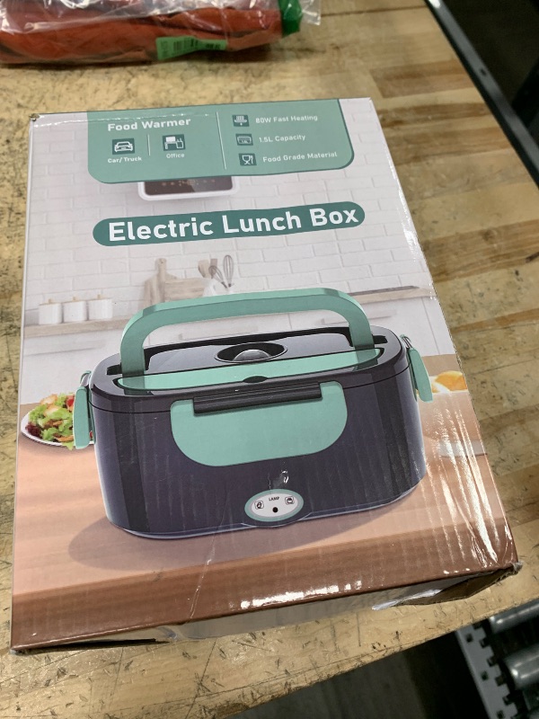 Photo 1 of Electric Heated Lunch Boxes Adults: 80W Electric Lunch Box Food Heated 12/24/110V 1.5L Heatable Lunch Box for Car/Truck/Office Leak-Proof Stainless Steel Container, Fork & Spoon, Bag (Grey+Green)