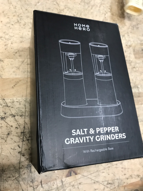 Photo 1 of Home Hero Automatic Salt and Pepper Grinder Set (2 Pack) - USB Rechargeable Gravity Electric Salt and Pepper Grinder Set with LED Light, Adjustable Coarseness, One Hand Operation (Black & White)